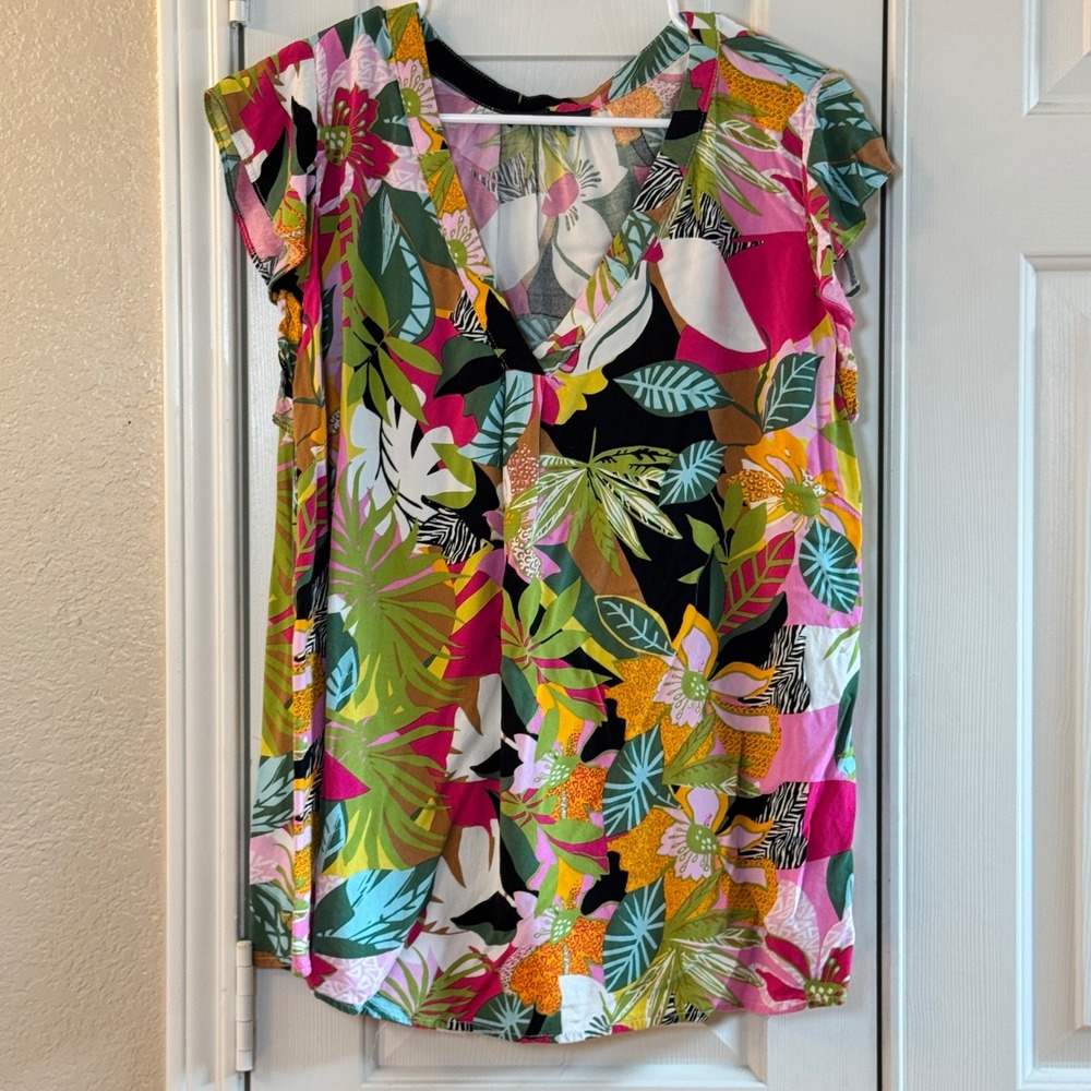 Rachel Roy Top Womens 1x Tropical Floral Print Shirt Cottagecore Work Office